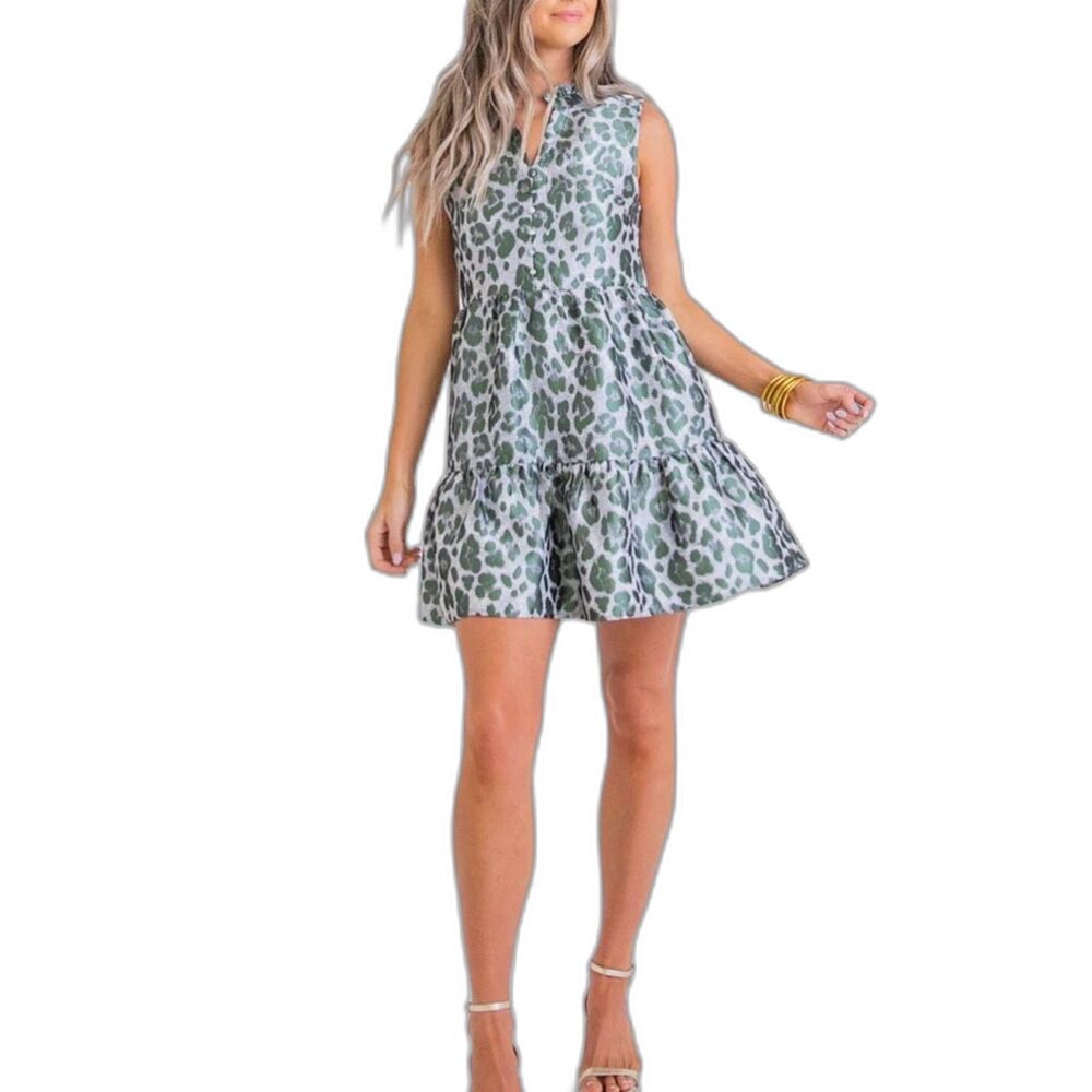 Karlie Women's NWT Lavender Green Leopard Sleeveless Tiered Mini Dress Size L